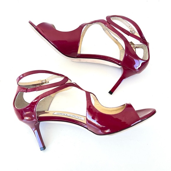 JIMMY CHOO Ivette Burgundy Patent Leather Double Side Buckle Heel Sandals Sz 37 - Picture 9 of 11